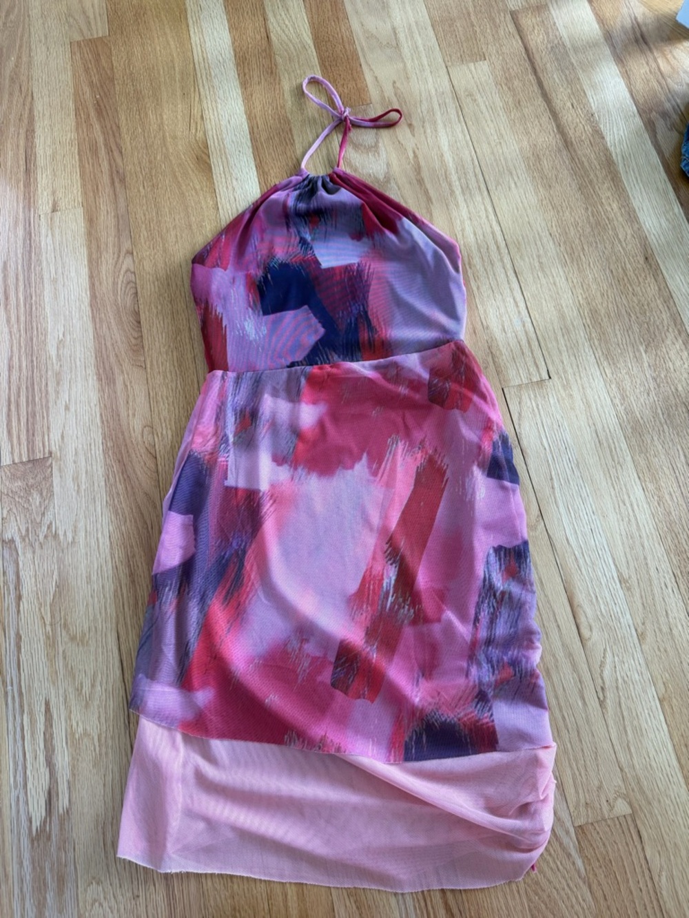 NWT Pink Abstract Print Halterneck Mesh Layered BodyconDress